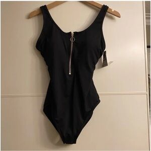 Black one piece swimsuit with zipper